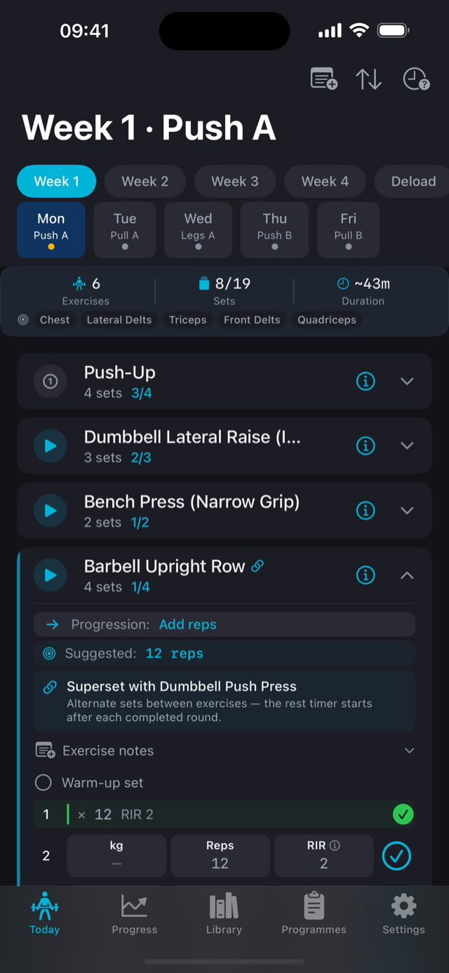 A superset pairing two exercises with alternating sets